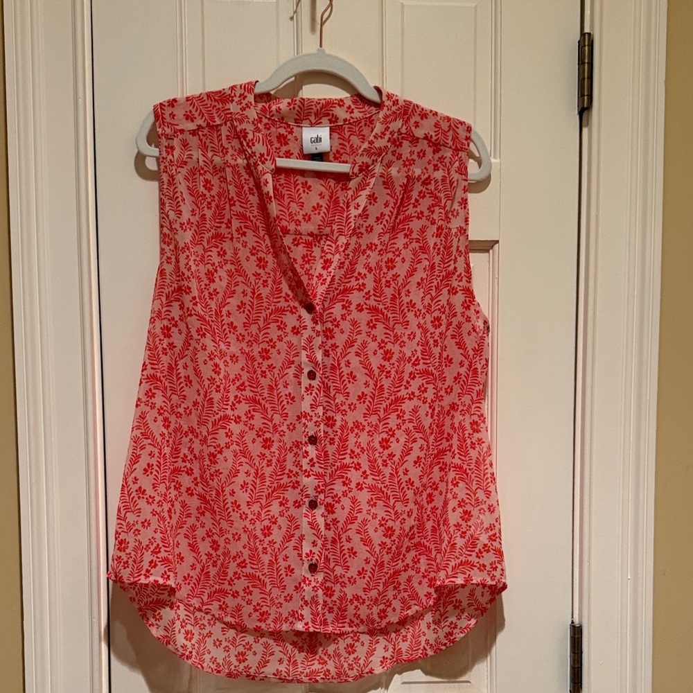 CAbi Red and White Floral Sleeveless Blouse